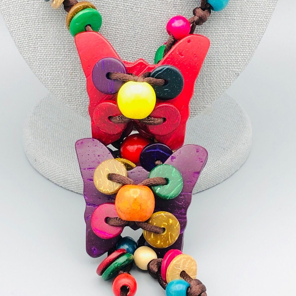 Vintage Multicolor Butterfly Tassel Necklace 30" Coconut Bead Boho Layering Cord - Picture 3 of 10
